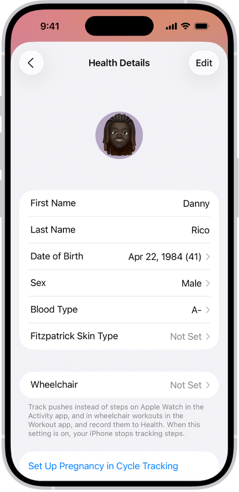 Ekrani Health Details, i cili përfshin fushat për emrin, datëlindjen, grupin e gjakut dhe informacione të tjera.