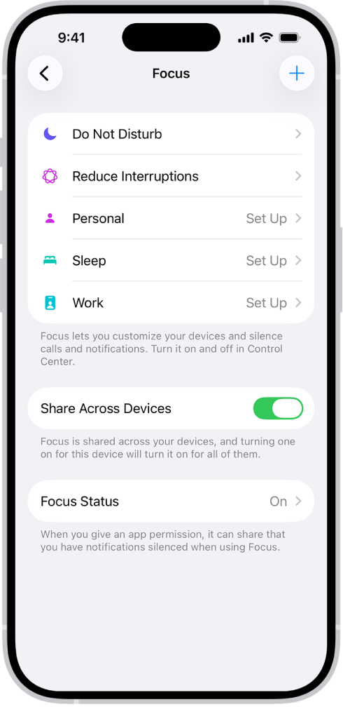 Екран на ком је приказано пет обезбеђених опција функције Focus: Do Not Disturb, No messages during calls, Sleep, Personal и Work. Опција Share Across Devices је укључена, тако да ће се иста подешавања за Focus користити на разним Apple уређајима које имате.