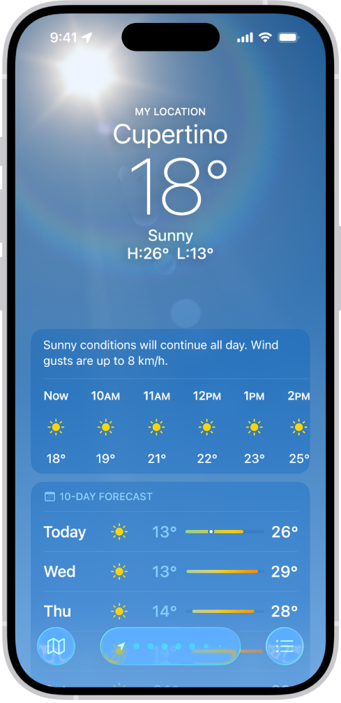 Апликација Weather у којој су одозго надоле приказани: локација, тренутна температура, највиша и најнижа дневна температура, временска прогноза по сатима и првих неколико дана из временске прогнозе за наредних десет дана. Ред са тачкама у доњем средишњем делу представља друге локације на листи локација. У доњем десном углу се налази дугме Location List, а у доњем левом углу се налази дугме Show Map.