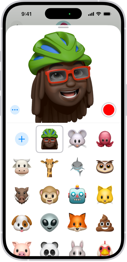 Окно Memoji у апликацији Messages. На врху, анимирани мемоџи одражава корисников израз лица. Са десне стране анимираног мемоџија је дугме за снимање. На дну екрана су остале опције за мемоџи, заједно са дугметом за додавање новог мемоџија.