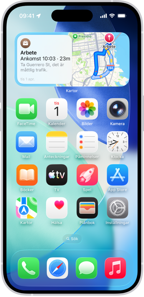 Kartor-widgeten, andra widgetar och appsymboler på en iPhone-hemskärm.