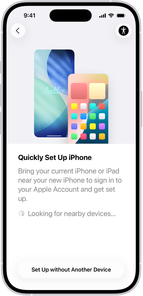 உங்கள் iPhoneஐ மற்றொரு iPhone அல்லது iPadக்கு அருகில் கொண்டு வருவதன் மூலமோ அல்லது மற்றொரு சாதனம் இல்லாமல் அமைப்பதன் மூலமோ உங்கள் iPhoneஐ அமைப்பதற்கான விருப்பங்களைக் கொண்ட “விரைவு தொடக்கத்” திரை.