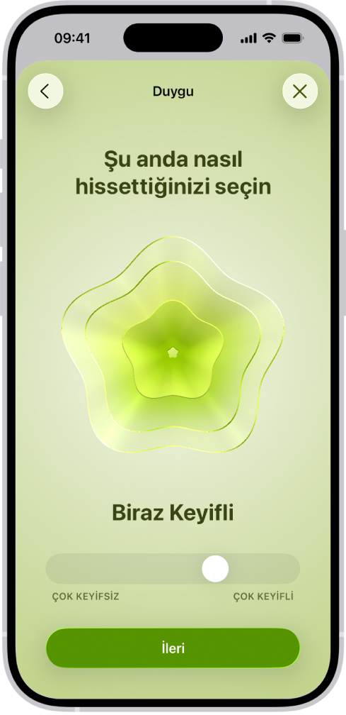 Şu anki duygudurumu Biraz Keyifli olarak belirleyen Sağlık uygulamasında bir ekran. Ekranın en altında, duygu düzeyini ayarlama sürgüsü var.