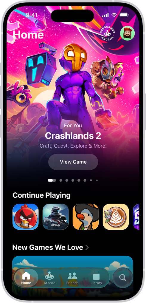 Apple Games ایپ میں ہوم ٹیب دکھایا جا رہا ہے، جس میں کھیل جاری رکھنے کے لیے گیم اور نئے ریلیز دکھائے گئے ہیں۔