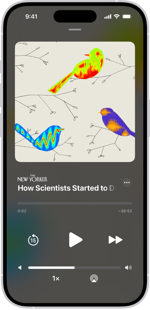 Apple News+ 中的音訊報導。其下方為音訊播放器控制項目和音量滑桿。