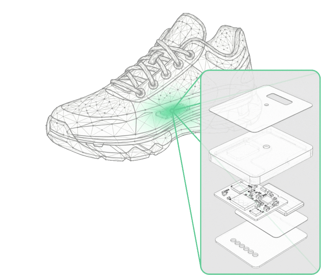 A digital wireframe of a sneaker with an exploded view of a plantiga sensor's electronic components, including a circuit board and other internal parts.