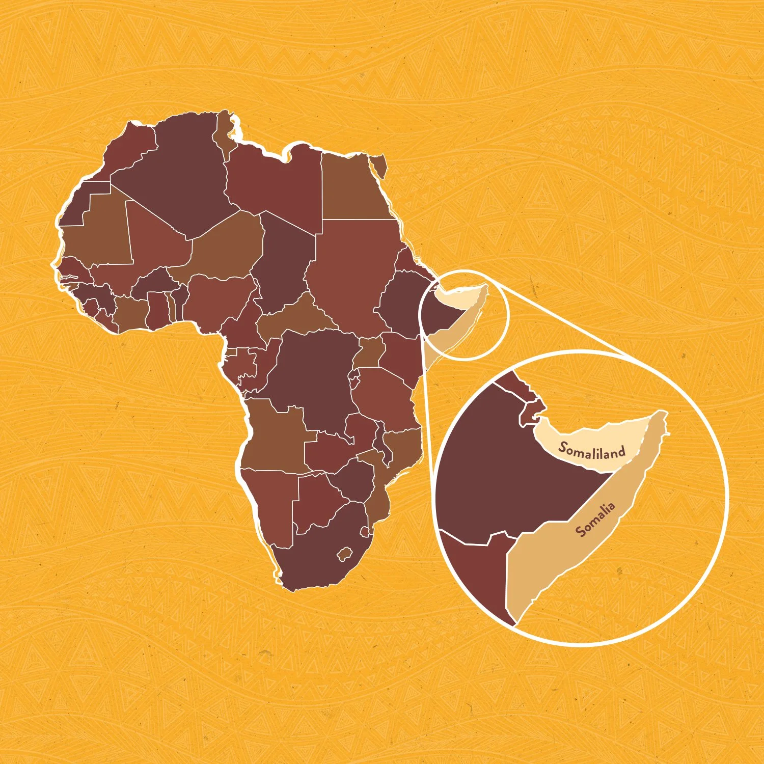 Map of Africa highlighting Somaliland and Somalia, with a zoomed-in inset showing Somaliland and Somalia's location in the Horn of Africa.