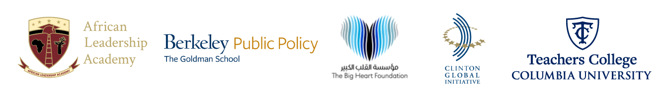 Logos of African Leadership Academy, Berkeley Public Policy, The Goldman School, The Big Heart Foundation, Clinton Global Initiative, Teachers College Columbia University.