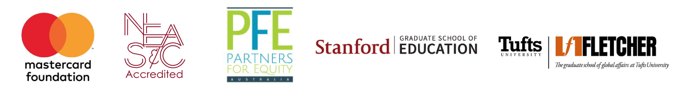 Logos of Mastercard Foundation, NEA SEC Accredited, Partners for Equity Australia, Stanford Graduate School of Education, Tufts University, Fletcher School.