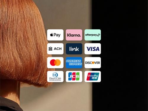 Ein Raster von Logos für verschiedene globale Zahlungsmethoden und Kreditkarten, darunter Apple Pay, Klarna, Afterpay, ACH, Visa, Mastercard, American Express und Discover.
