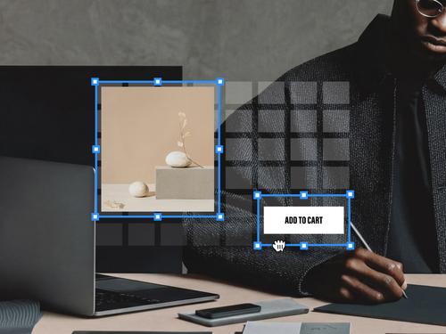 Simulação de design web mostrando uma caixa de imagem e o botão "ADICIONAR AO CARRINHO", ambos destacados com bordas de seleção azuis, ao lado de um layout em grade.