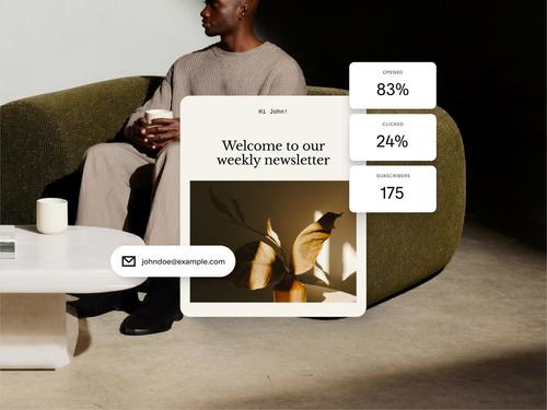 Design de uma newsletter por e-mail mostrando estatísticas de uma campanha por e-mail, incluindo 83% abertos, 24% clicados e 175 assinantes.