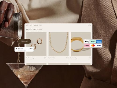A mockup of an online store displaying jewelry products with prices, an 'Add to cart' button, shipping options, and various payment method logos like Apple Pay, Klarna, and Visa.