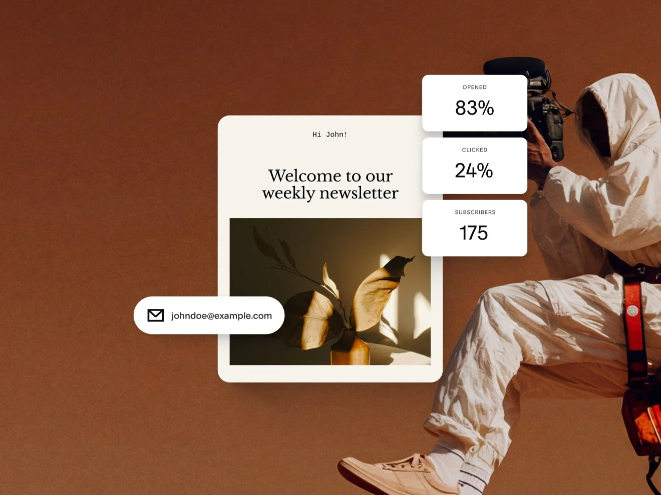 Ein Design für einen E-Mail-Newsletter zeigt Statistiken zu einer E-Mail-Kampagne, darunter 83 % geöffnet, 24 % angeklickt und 175 Abonnent:innen.