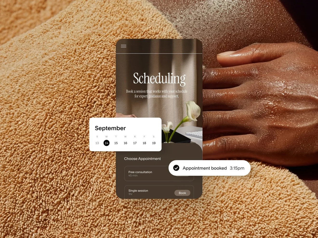 Eine mobile Schnittstelle für die Terminplanung zeigt einen Kalender für September, eine Auswahl von Terminarten (wie „Kostenlose Beratung“) und eine Bestätigung, dass um 3:15 Uhr nachmittags ein „Termin gebucht“ wurde.