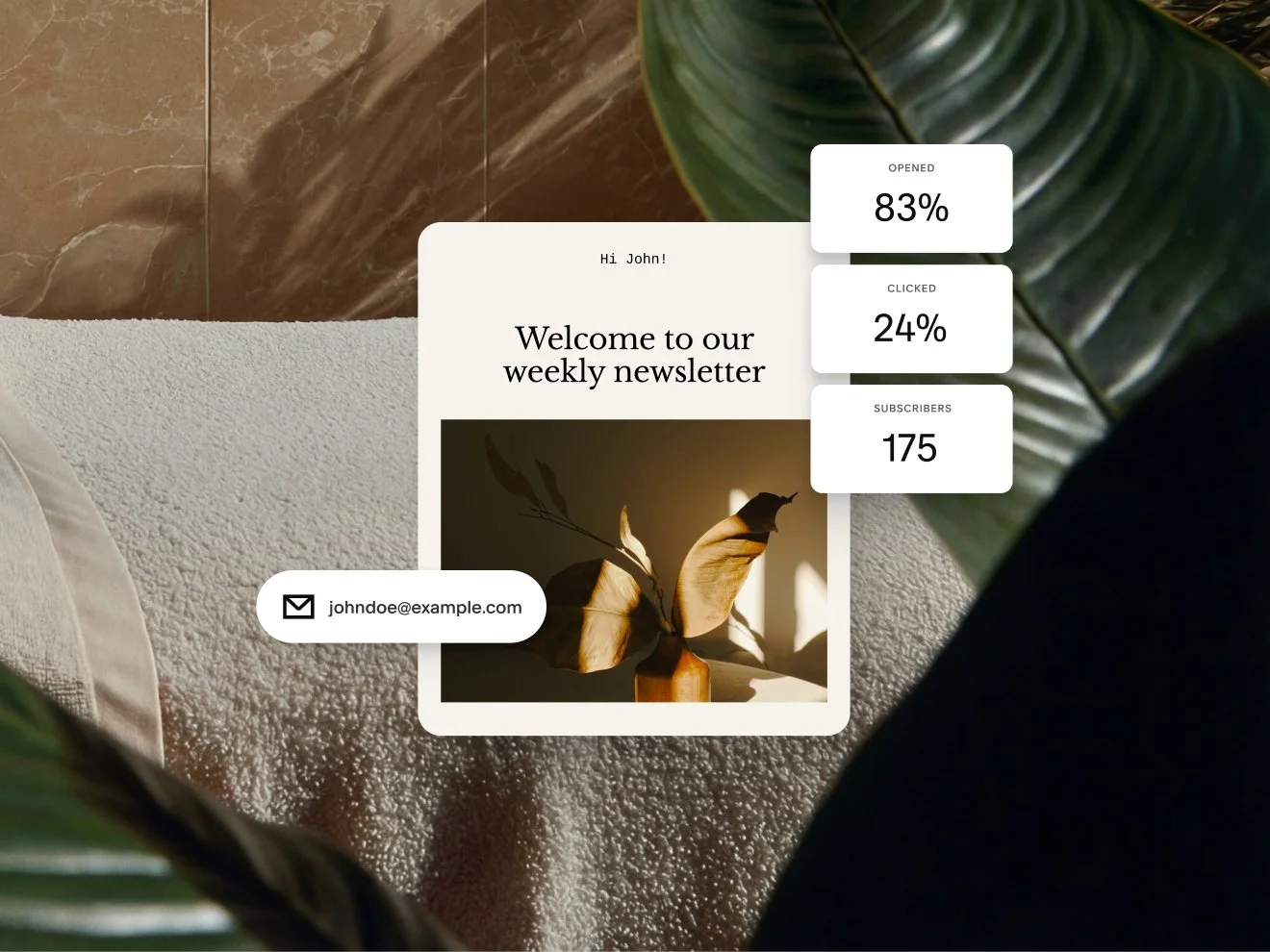 Ein Design für einen E-Mail-Newsletter zeigt Statistiken zu einer E-Mail-Kampagne, darunter 83 % geöffnet, 24 % angeklickt und 175 Abonnent:innen.