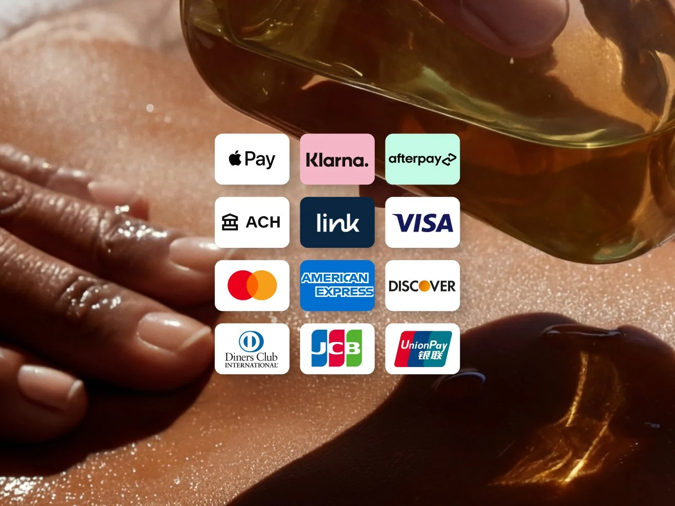 Ein Raster mit Logos für verschiedene globale Zahlungsmethoden und Kreditkarten, darunter Apple Pay, Klarna, Afterpay, ACH, Visa, Mastercard, American Express und Discover.