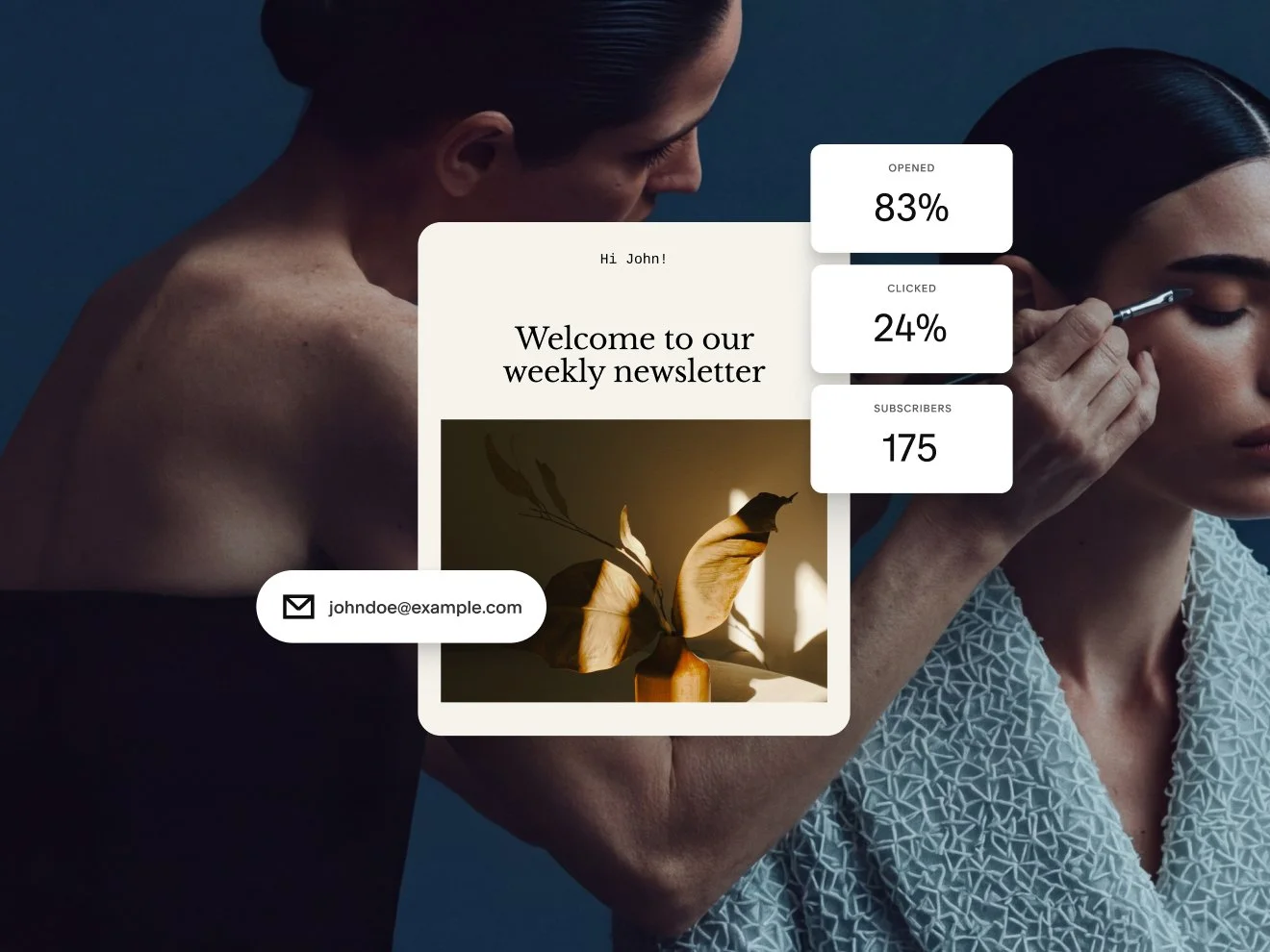 Design de uma newsletter por e-mail mostrando estatísticas de uma campanha por e-mail, incluindo 83% abertos, 24% clicados e 175 assinantes.