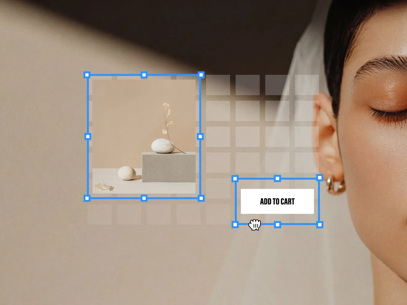 Simulação de design web mostrando uma caixa de imagem e o botão "ADICIONAR AO CARRINHO", ambos destacados com margens de seleção azuis, ao lado de um layout em grade.