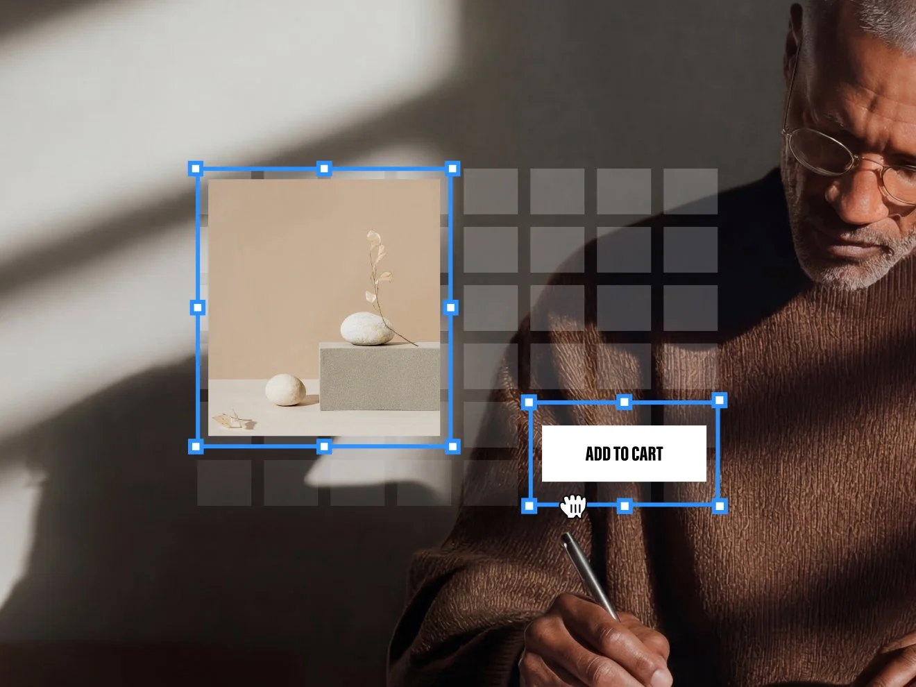 Simulação de design web mostrando uma caixa de imagem e o botão "ADICIONAR AO CARRINHO", ambos destacados com margens de seleção azuis, ao lado de um layout em grade.