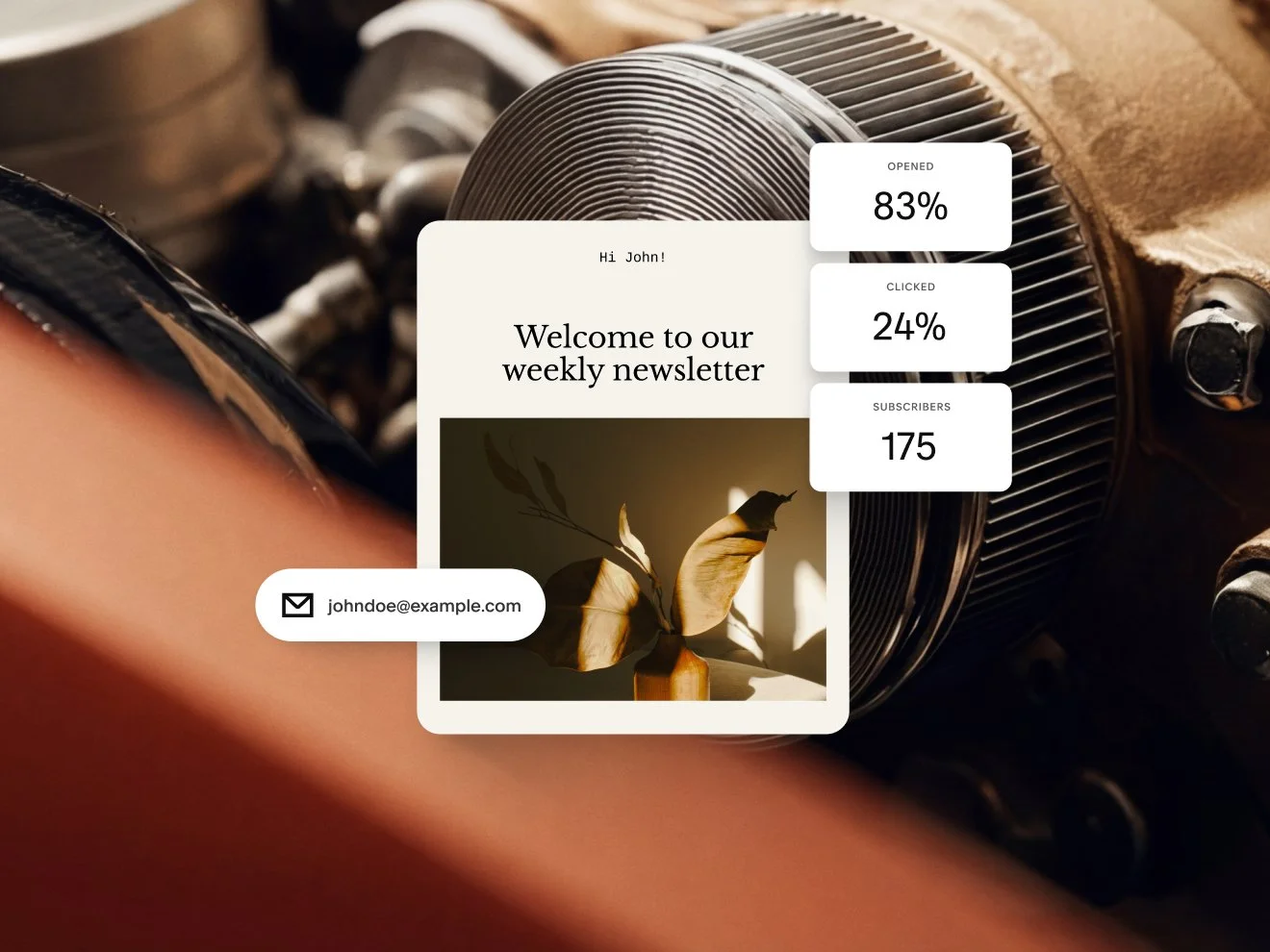Design de uma newsletter por e-mail mostrando estatísticas de uma campanha por e-mail, incluindo 83% abertos, 24% clicados e 175 assinantes.