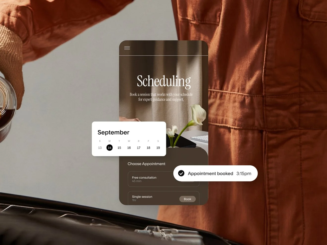 Interface de agendamento no celular com um calendário em setembro, uma seleção de tipos de sessão (como "Consulta gratuita") e a confirmação de uma "Sessão agendada" realizada às 3h15 da tarde.