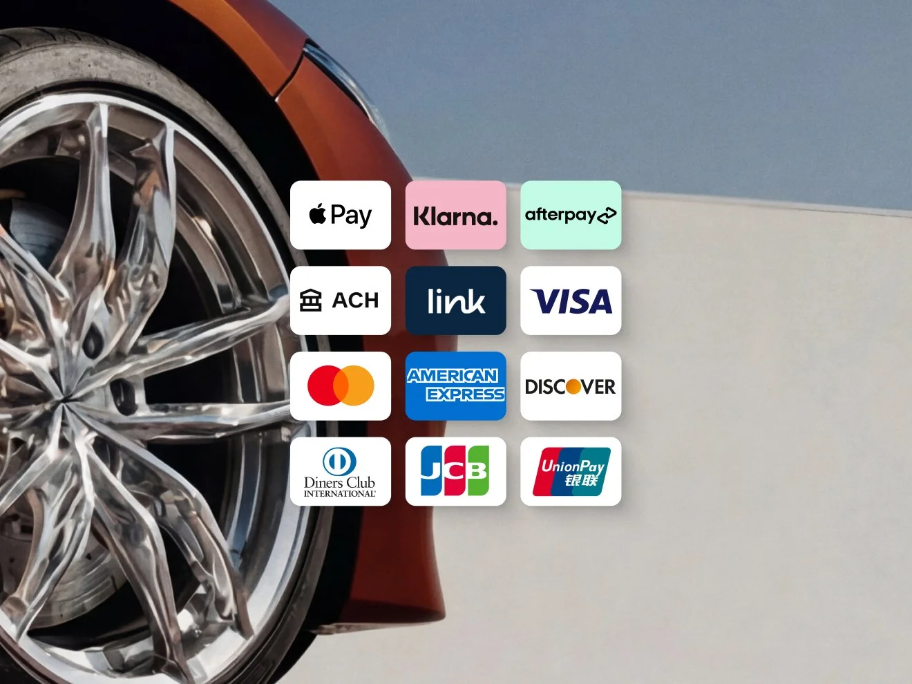 Grade com logotipos de diversas formas de pagamento e cartões de crédito globais, incluindo Apple Pay, Klarna, Afterpay, ACH, Visa, Mastercard, American Express e Discover.