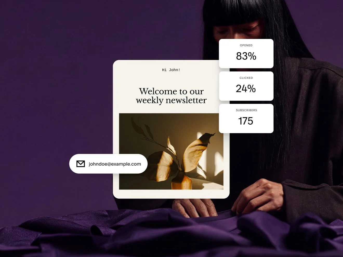 Design de uma newsletter por e-mail mostrando estatísticas de uma campanha por e-mail, incluindo 83% abertos, 24% clicados e 175 assinantes.