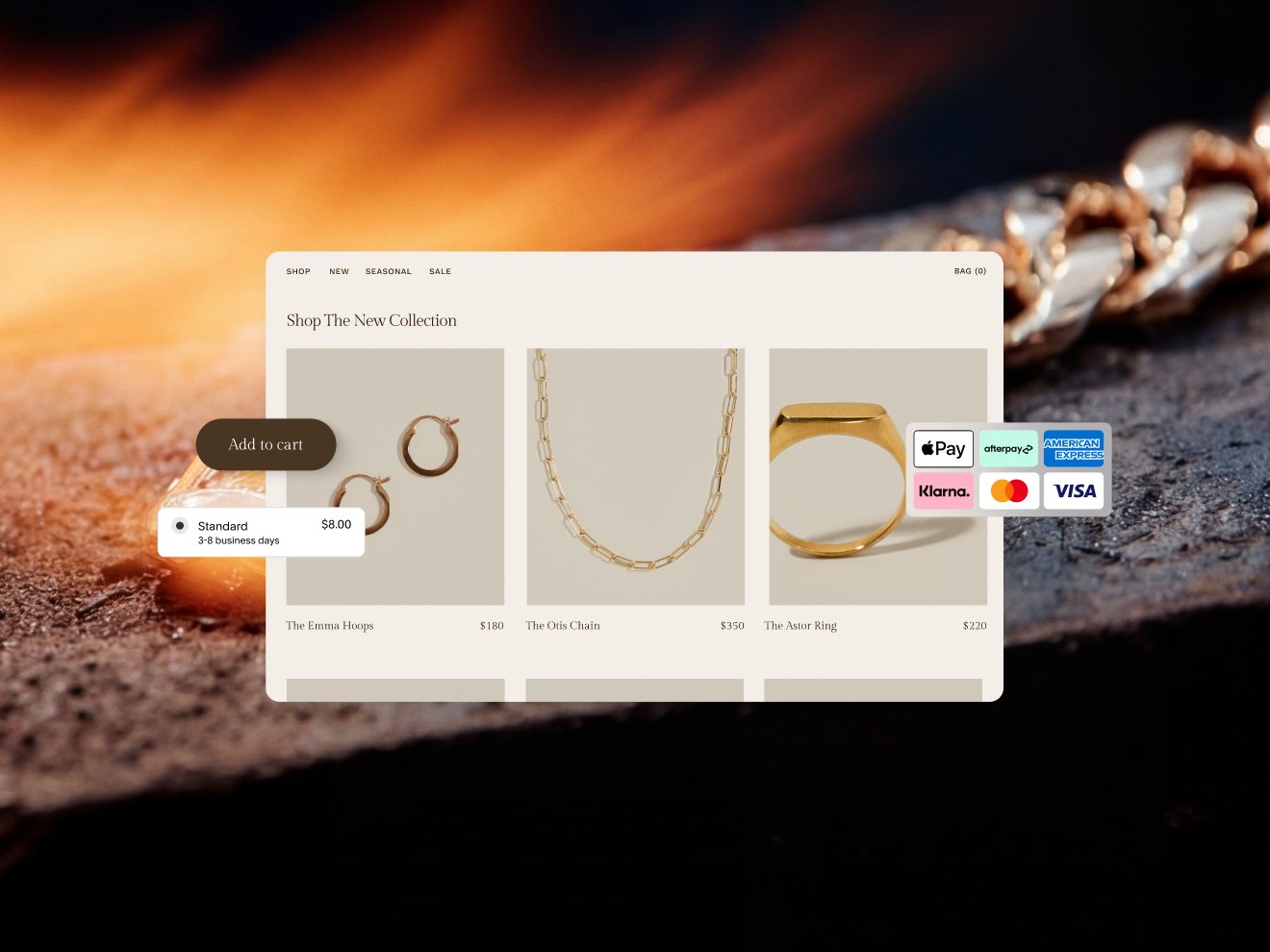 A mockup of an online store displaying jewelry products with prices, an 'Add to cart' button, shipping options, and various payment method logos like Apple Pay, Klarna, and Visa.