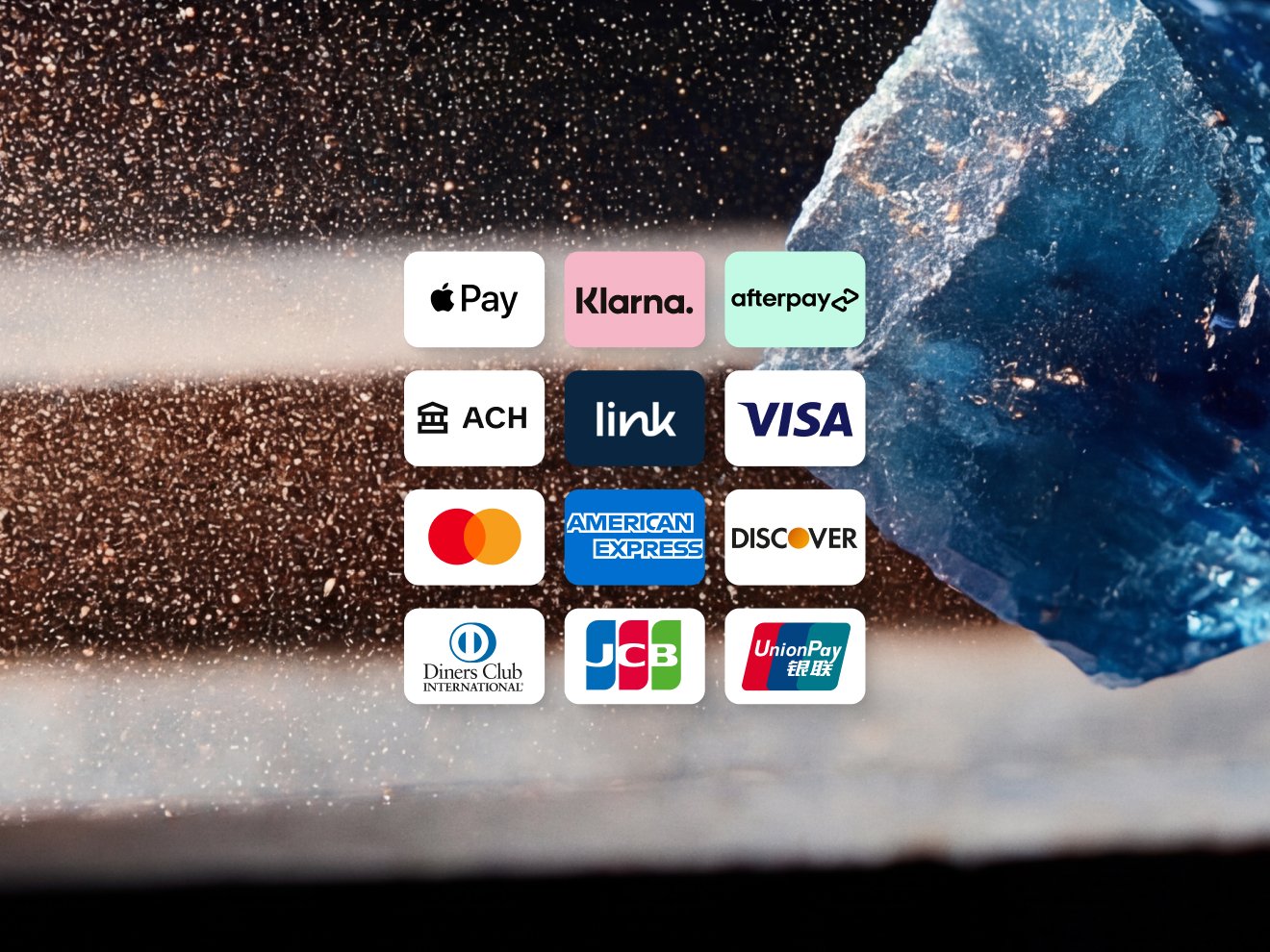 A grid of logos for various global payment methods and credit cards, including Apple Pay, Klarna, Afterpay, ACH, Visa, Mastercard, American Express, and Discover.
