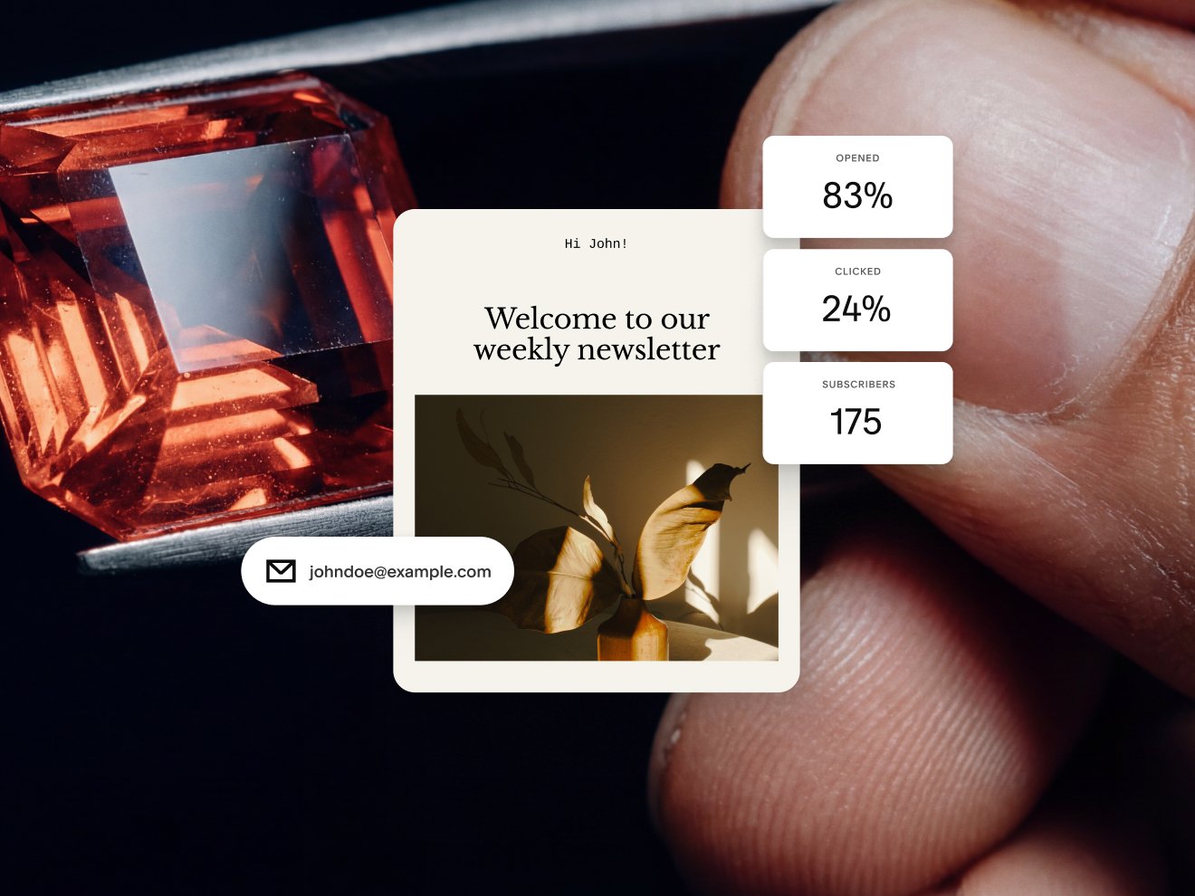 A design for an email newsletter showing statistics for an email campaign, including 83% opened, 24% clicked, and 175 subscribers.