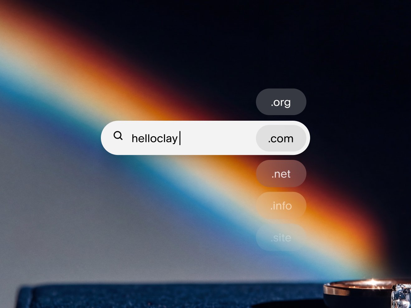 A search bar showing a query for a custom domain name with a dropdown menu listing various domain extensions like .com, .org, .net, .info, and .site.