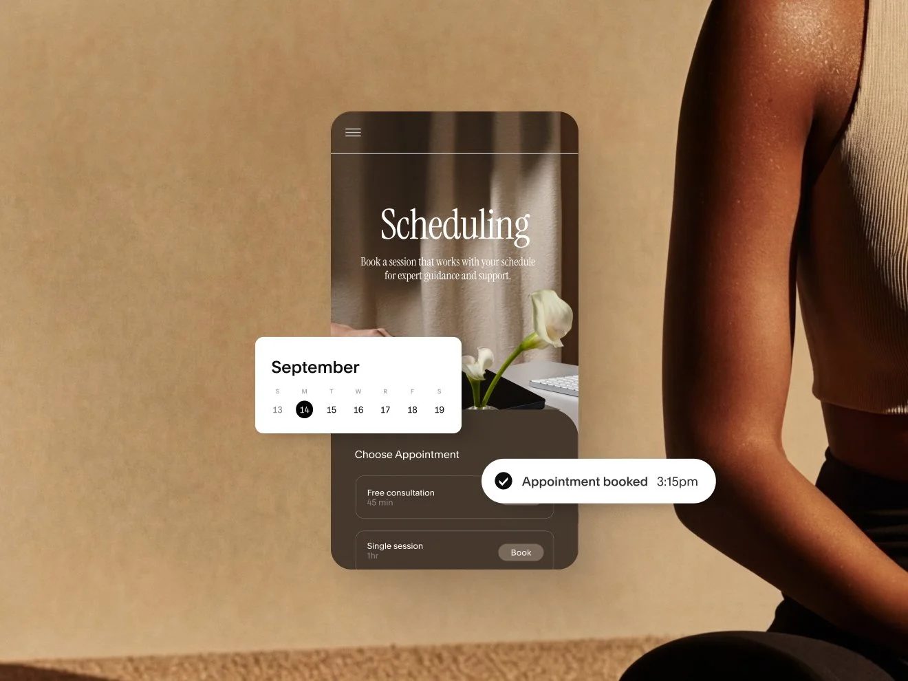A mobile scheduling interface displaying a September calendar, a selection of appointment types (like 'Free consultation'), and a confirmation that an 'Appointment booked' at 3:15 pm.
