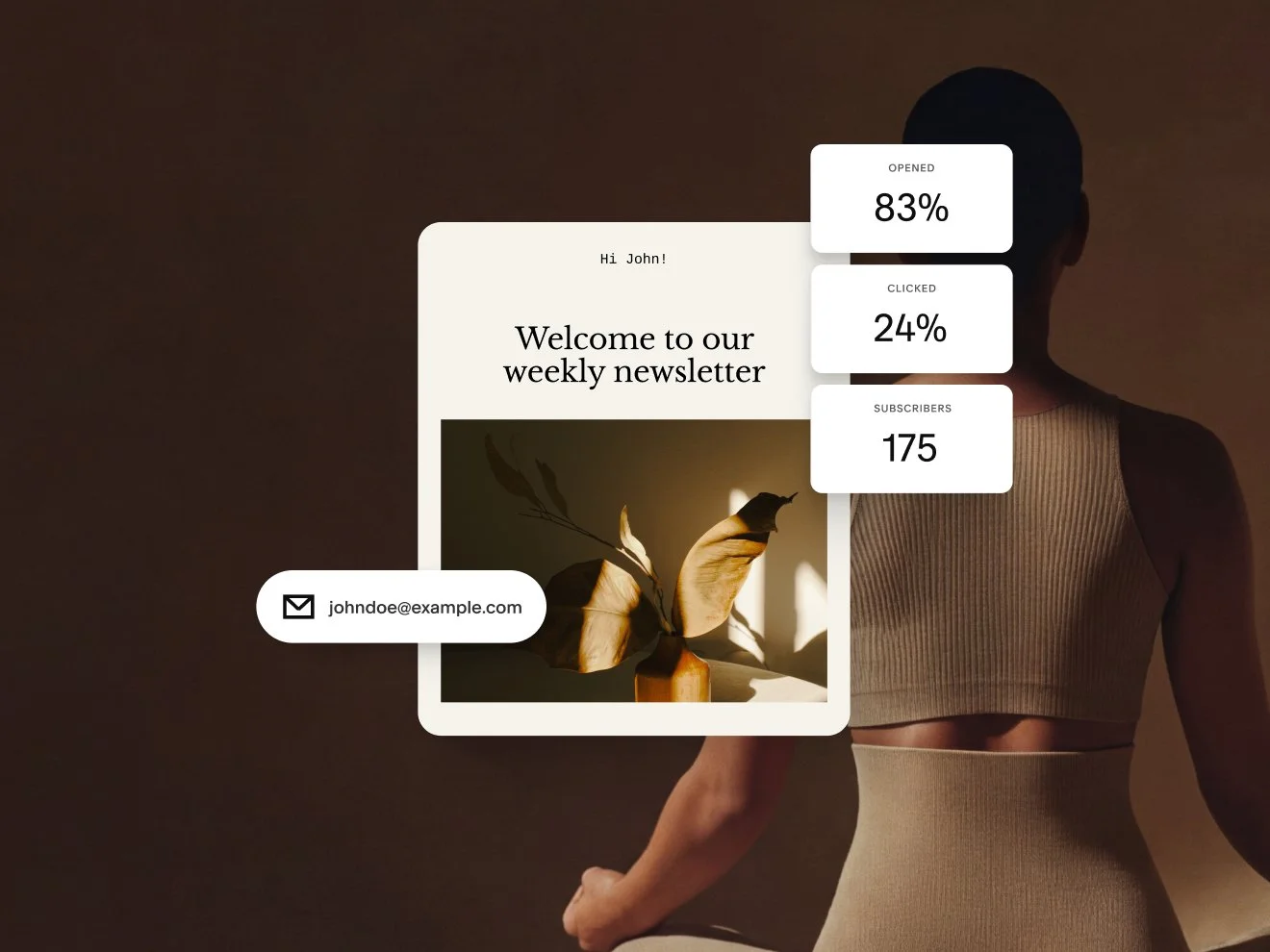 A design for an email newsletter showing statistics for an email campaign, including 83% opened, 24% clicked, and 175 subscribers.