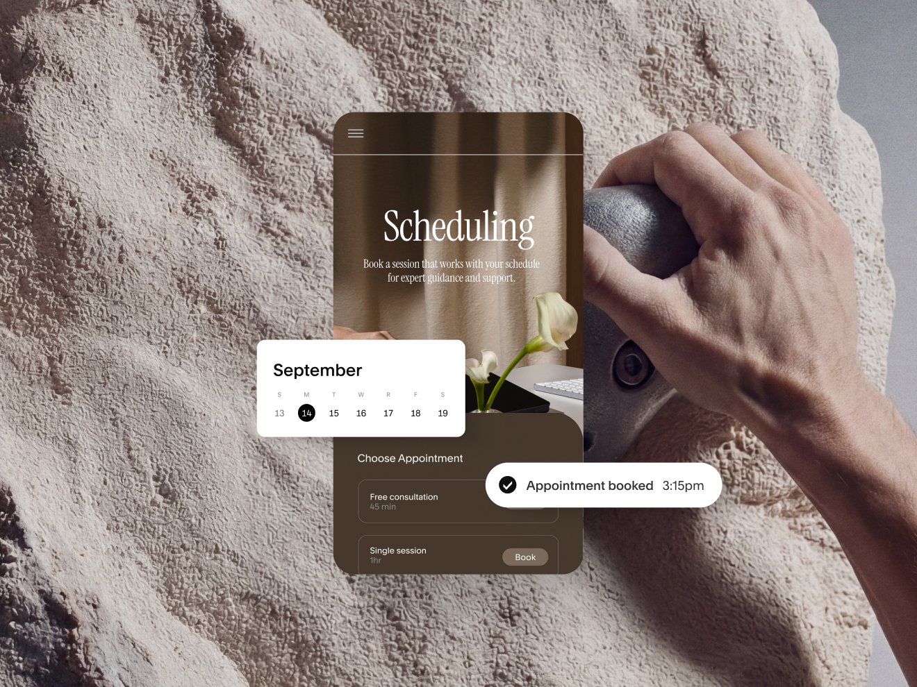 A website mockup for a service-based business with additional UI to purchase one time or subscribe, and a custom branded invoice matching the look and feel of the website.