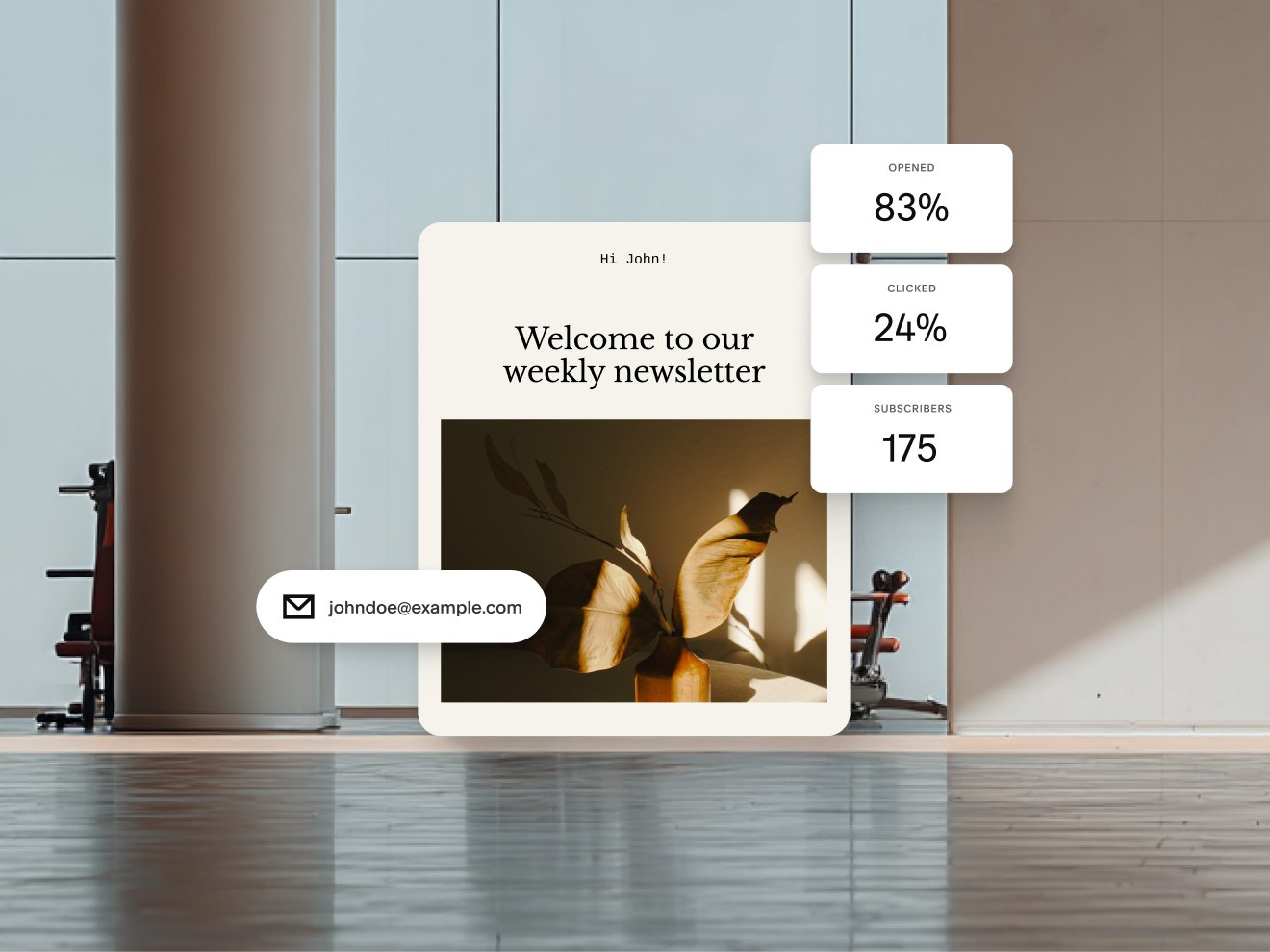 A design for an email newsletter showing statistics for an email campaign, including 83% opened, 24% clicked, and 175 subscribers.