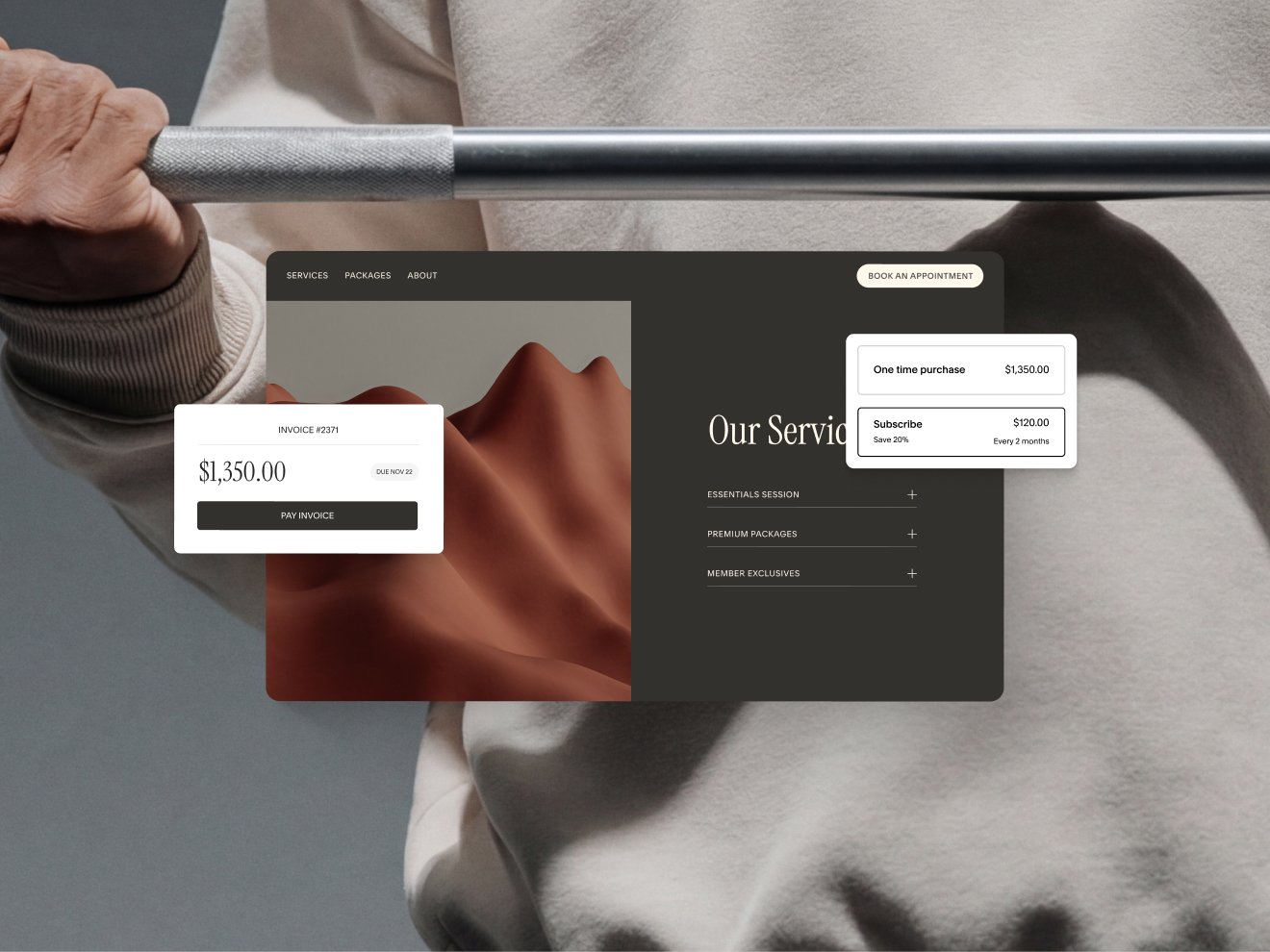 A website mockup for a service-based business with additional UI to purchase one time or subscribe, and a custom branded invoice matching the look and feel of the website.
