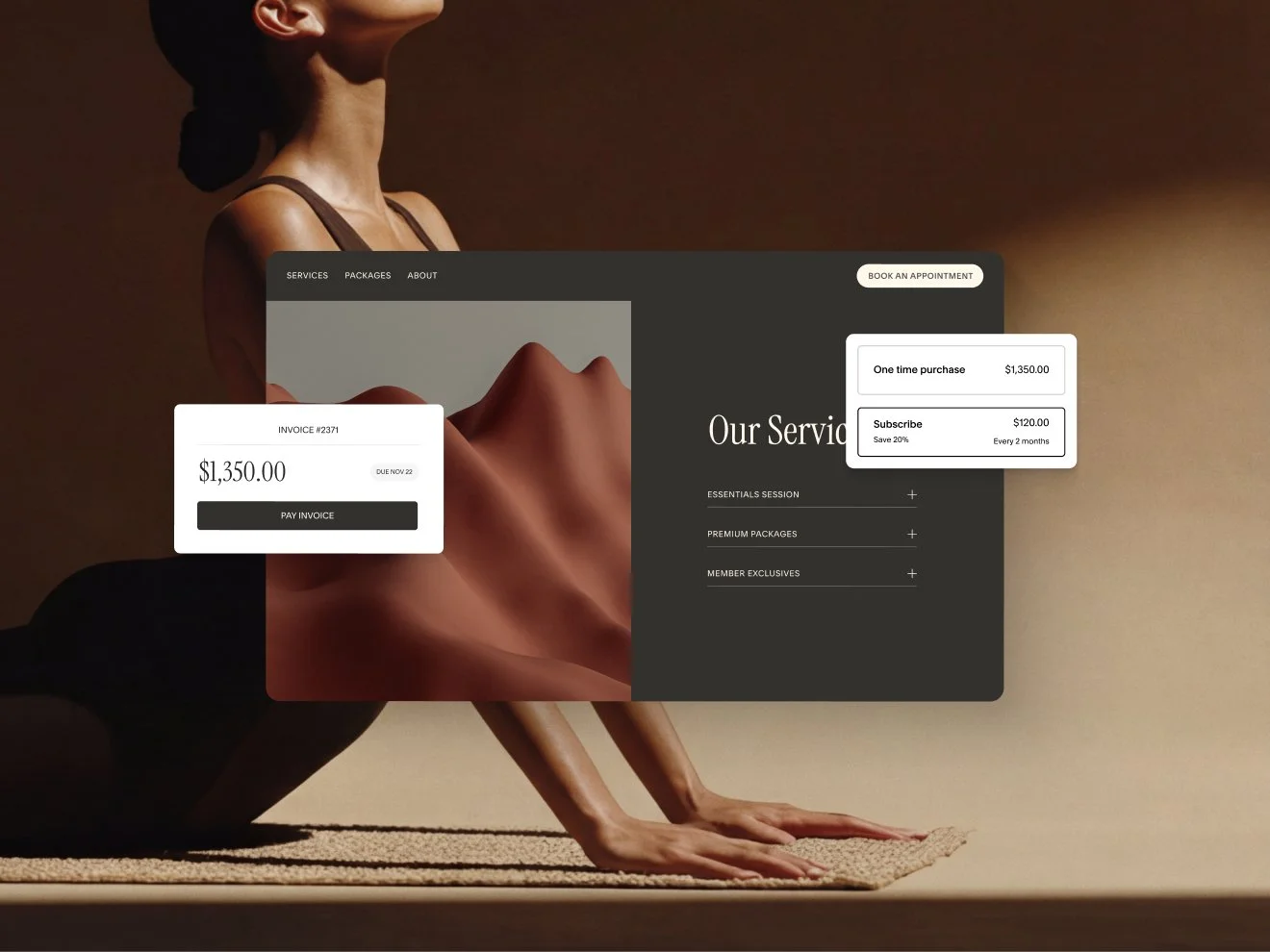 A website mockup for a service-based business with additional UI to purchase one time or subscribe, and a custom branded invoice matching the look and feel of the website.