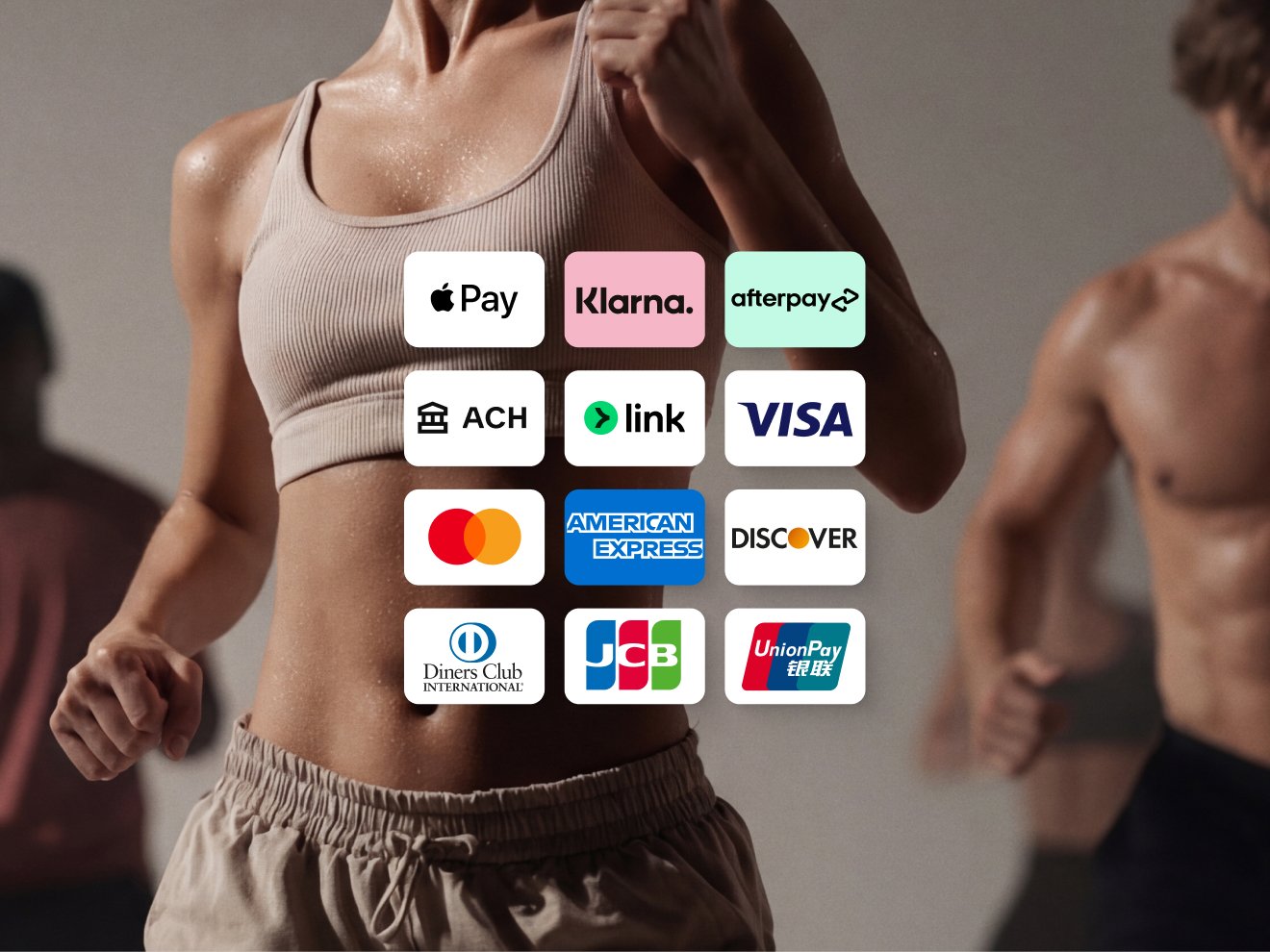 A grid of logos for various global payment methods and credit cards, including Apple Pay, Klarna, Afterpay, ACH, Visa, Mastercard, American Express, and Discover.