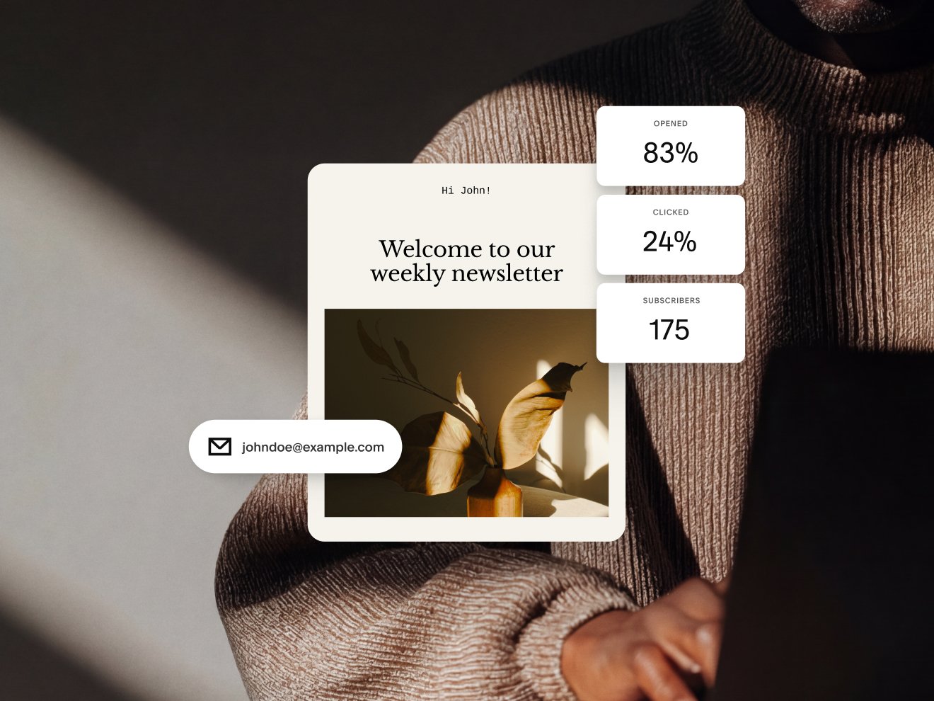 A design for an email newsletter showing statistics for an email campaign, including 83% opened, 24% clicked, and 175 subscribers.