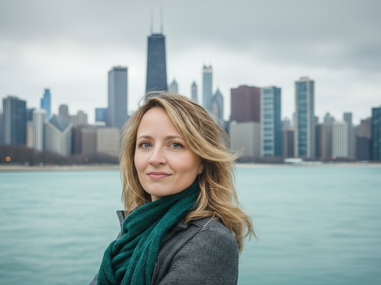 A woman with blonde hair and a green scarf smiling in front of a body of water with the city skyline in the background.