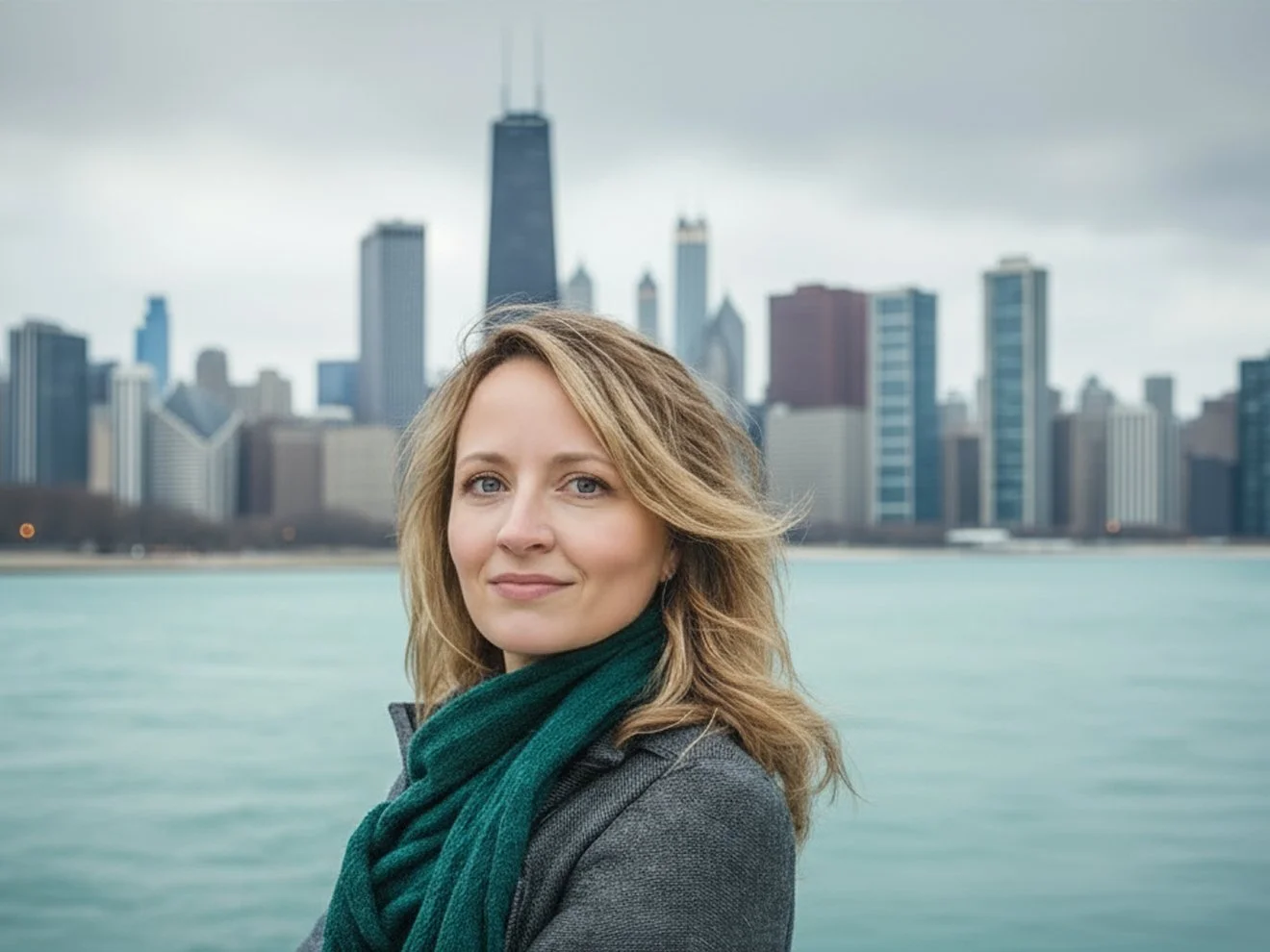 A woman with blonde hair and a green scarf smiling in front of a body of water with the city skyline in the background.