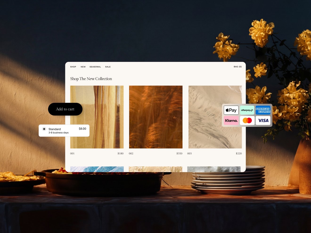 A mockup of an online store displaying jewelry products with prices, an 'Add to cart' button, shipping options, and various payment method logos like Apple Pay, Klarna, and Visa.