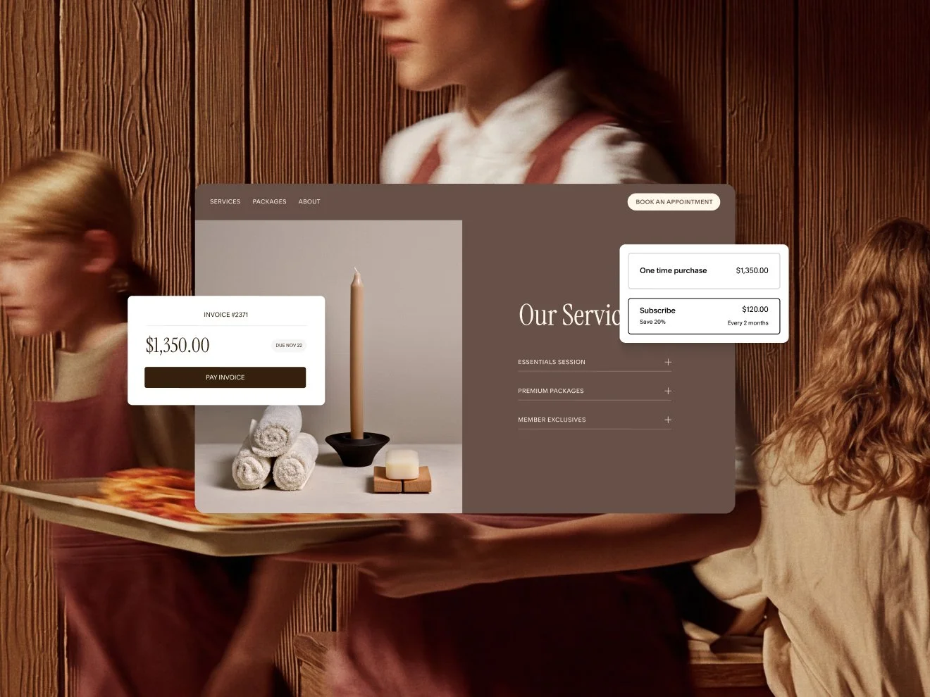 A website mockup for a service-based business with additional UI to purchase one time or subscribe, and a custom branded invoice matching the look and feel of the website.