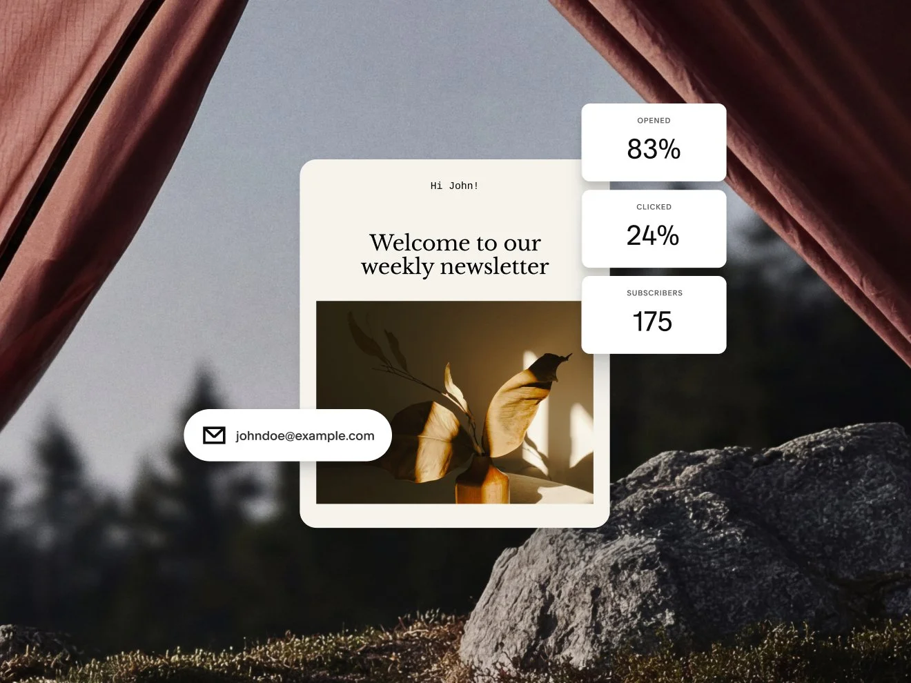 A design for an email newsletter showing statistics for an email campaign, including 83% opened, 24% clicked, and 175 subscribers.