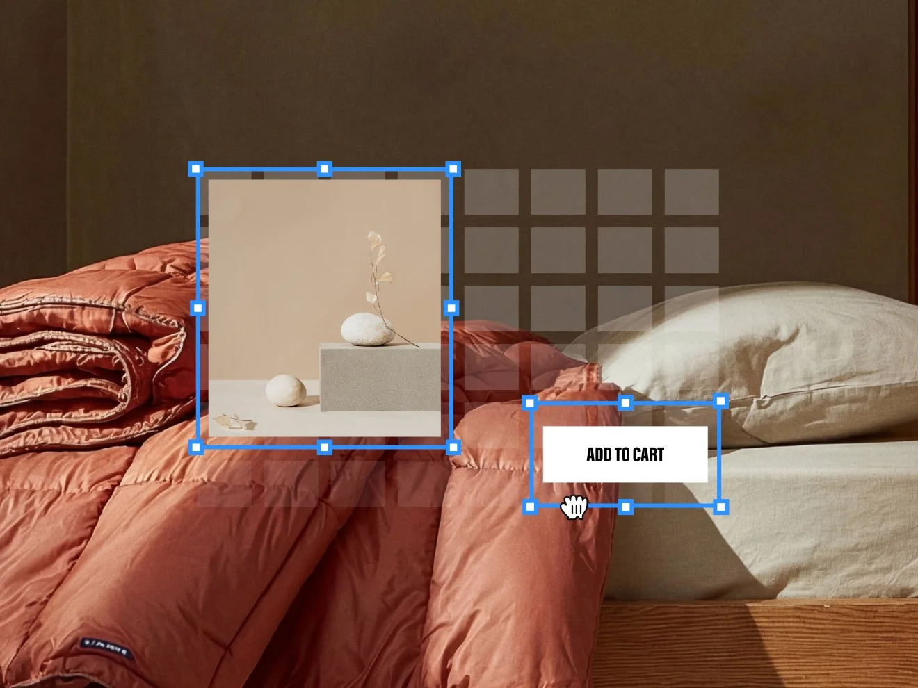 A web design mockup showing an image box and an 'ADD TO CART' button, both highlighted with blue selection borders, next to a grid layout.