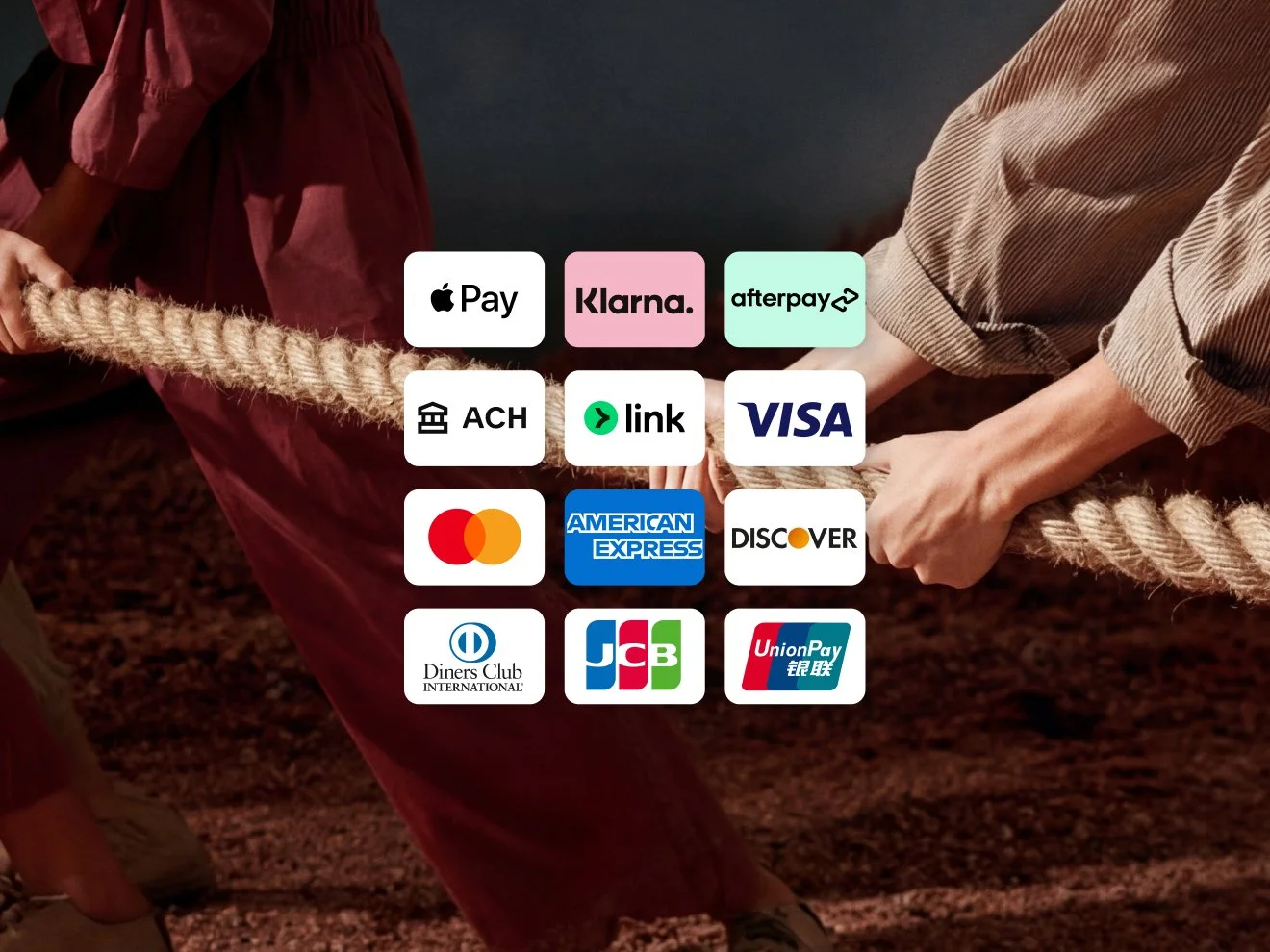 A grid of logos for various global payment methods and credit cards, including Apple Pay, Klarna, Afterpay, ACH, Visa, Mastercard, American Express, and Discover.