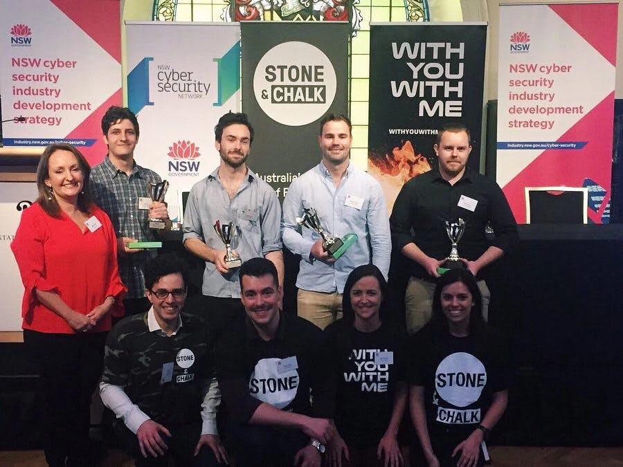 Winners: Sam Arch, Patrick Nappa, Viktor Kuczma & Matthew Parkhill. Pictured with the Stone & Chalk team.