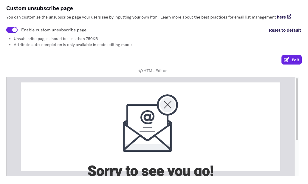 Custom unsubscribe page with a preview "Sorry to see you go!".