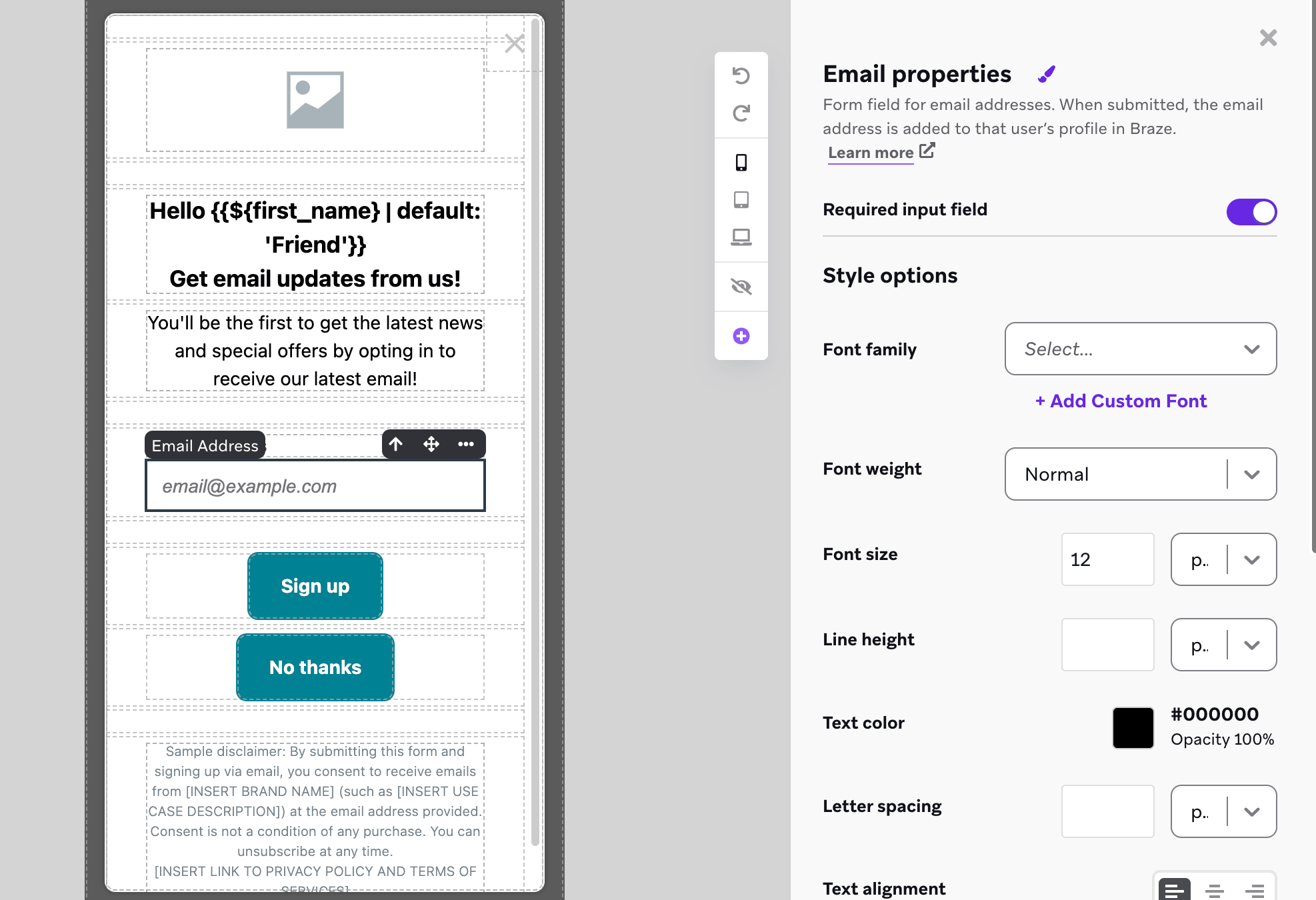 The in-app message editor with a side menu for customizing the email capture element.